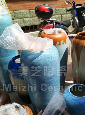 别墅室内设计配饰品陶罐中式蓝色大花瓶手工粗陶瓷瓶干枝陶缸套装