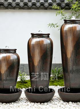 水池红色涌泉陶罐流水花瓶喷泉景德镇陶瓷加湿器流水摆件循环水缸