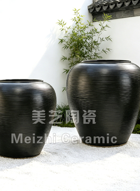 酒店插花器大口径花盆圆肚陶瓷缸落地大花瓶摆件黑色大陶罐流水缸