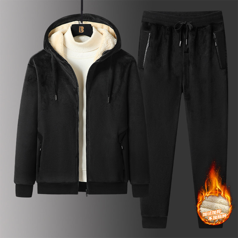 两件套加绒卫衣男秋冬装爸爸加厚大码外套中老年人羊羔绒运动套装,淘宝优惠券,粉丝福利购,淘宝优惠卷