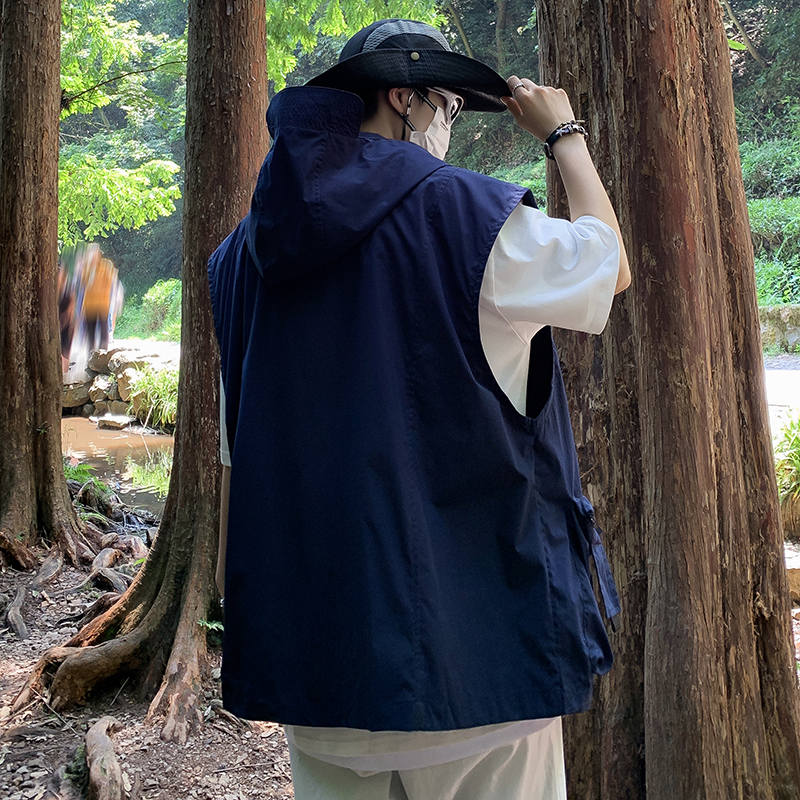 机能工装马甲男款夏季简约连帽日系复古户外百搭休闲宽松坎肩背心