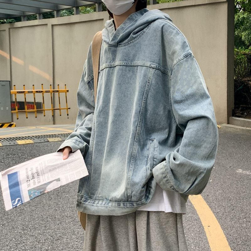 牛仔卫衣外套男连帽秋季潮牌日系复古水洗做旧宽松套头夹克上衣服