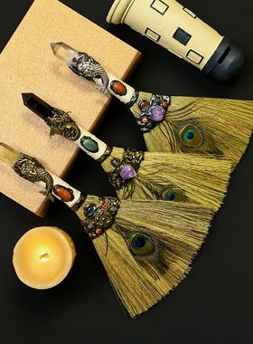 天然水晶装饰摆件办公室防克小人神器转运去霉护身符魔法扫把