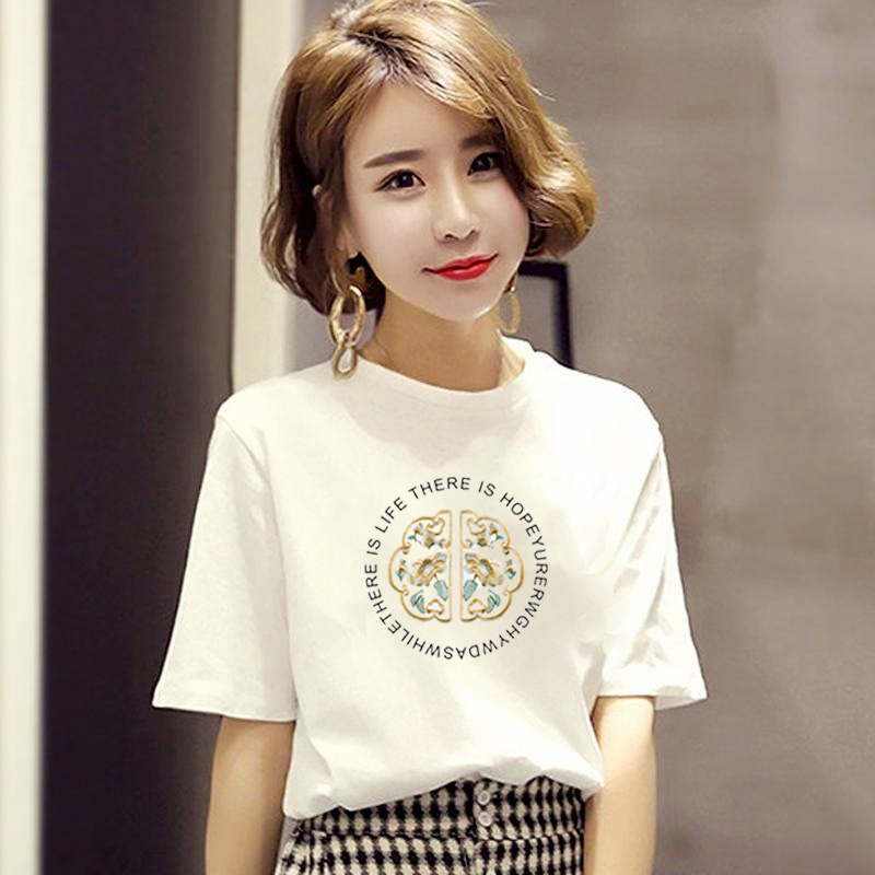 国潮中国风白色短袖t恤女2025新款夏季设计感刺绣印花上衣体恤潮 - 图0