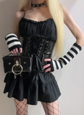 Y2kslut欧美ins个性小众朋克百搭黑白条纹针织保暖袖套手臂套女