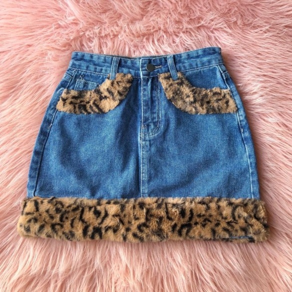 Y2kslut外贸ins毛绒豹纹牛仔秋冬半身裙女Riley Cheetah Skirt