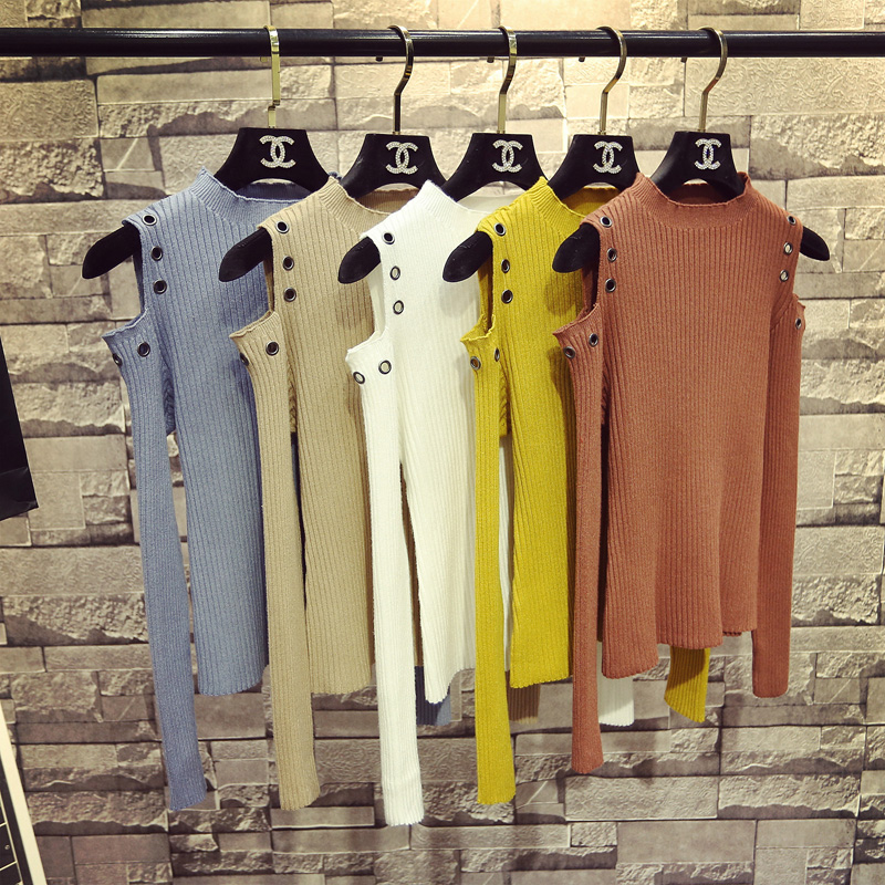 秋冬新款ins洋气露肩针织衫女装套头修身打底衫短款甜辣上衣毛衣 - 图0