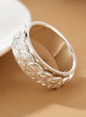 可转动泰银S990复古民族风五帝钱币可旋转动祥瑞闭口男女士戒指环