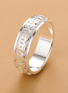 999足银可转动男士旋转古钱币戒指单身食指指环戒解压男女款闭口