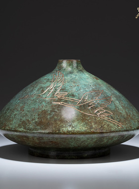 铜师傅高冈铜器扁花瓶双鹤花瓶茶艺茶台复古怀旧日式茶道小号