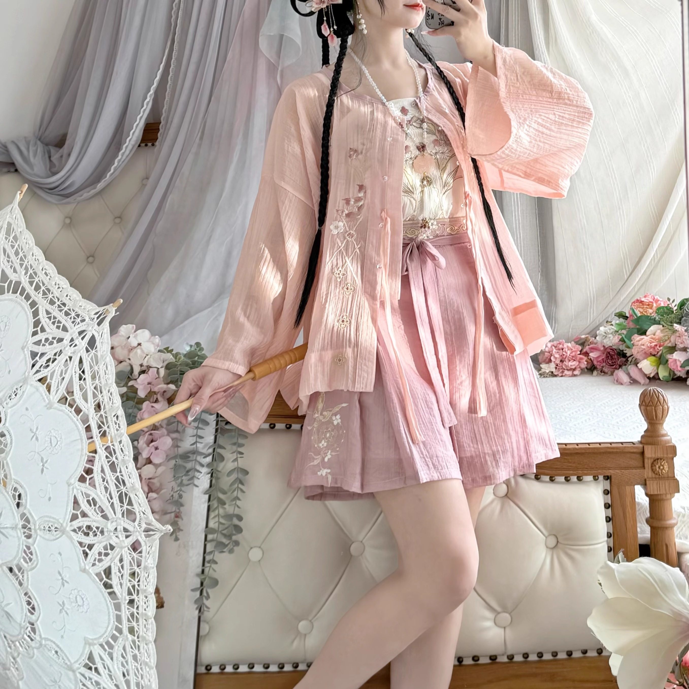 荟萃阁原创汉服女【小荷花】圆领衫短裤套装国风少女日常夏季百搭,淘宝优惠券,粉丝福利购,淘宝优惠卷