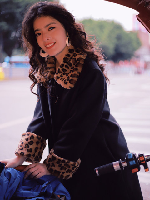 南君港风复古vintage风黑色豹纹毛呢古着娃娃领长款夹棉大衣2022