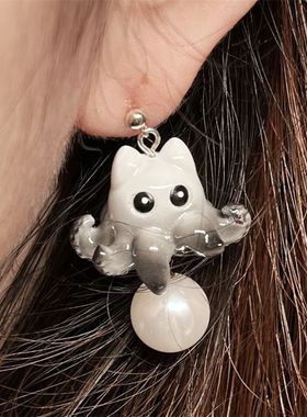 一只克苏鲁章鱼猫猫珍珠耳环项链超可爱原创手作小众设计生日礼物