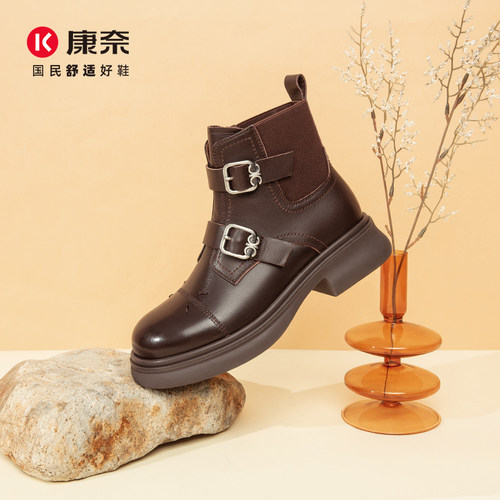 康奈女鞋冬季马丁靴复古简约皮带搭扣大筒皮骑士靴时装靴 - 图2