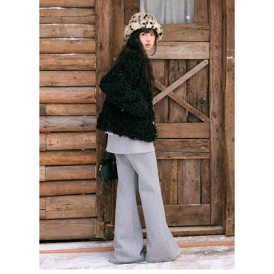 BLUEerror 高腰假两件微喇灰色加绒针织卫裤女加厚运动裤冬季裤子,淘宝优惠券,粉丝福利购,淘宝优惠卷