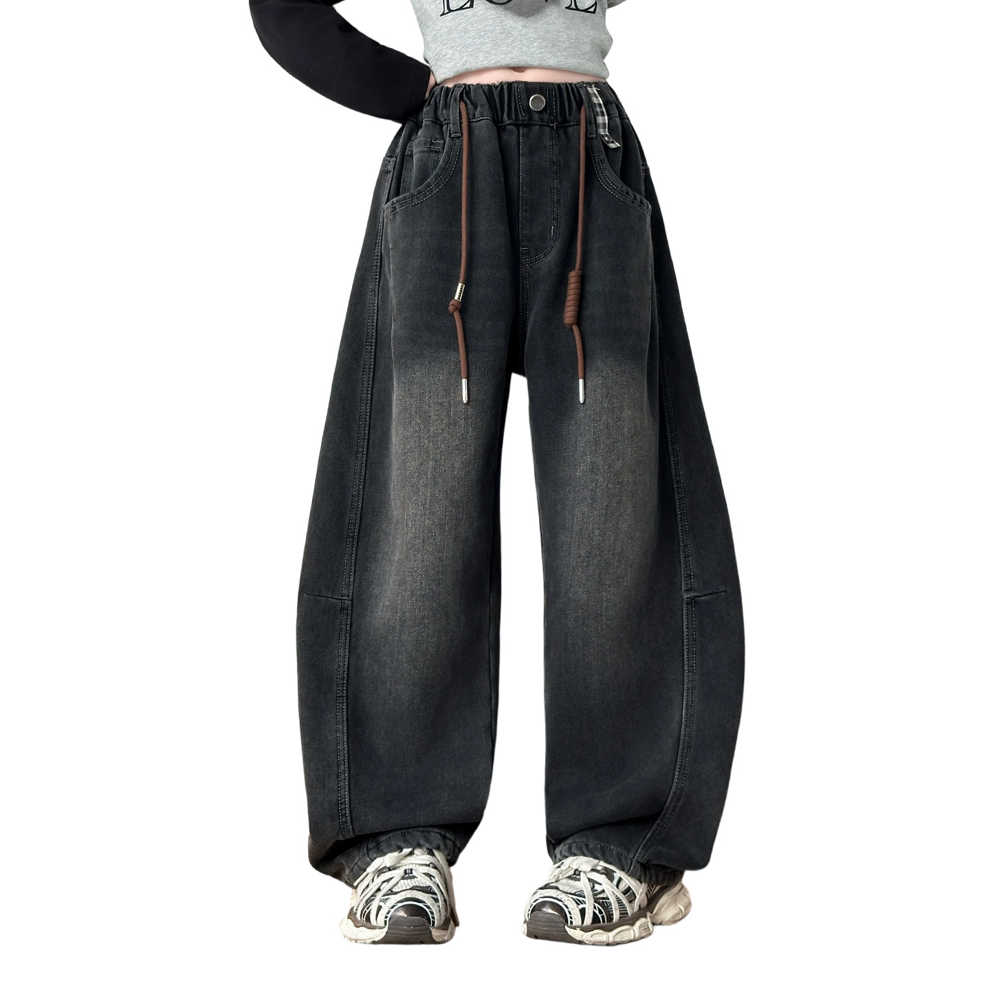 韩国女童加绒牛仔裤儿童黑灰色洋气休闲裤2025冬季新款大童厚裤子 - 图3