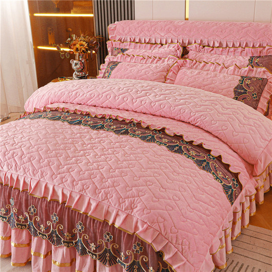 Juego de colcha estilo faldón de cuatro piezas con terciopelo cristal que no se decolora