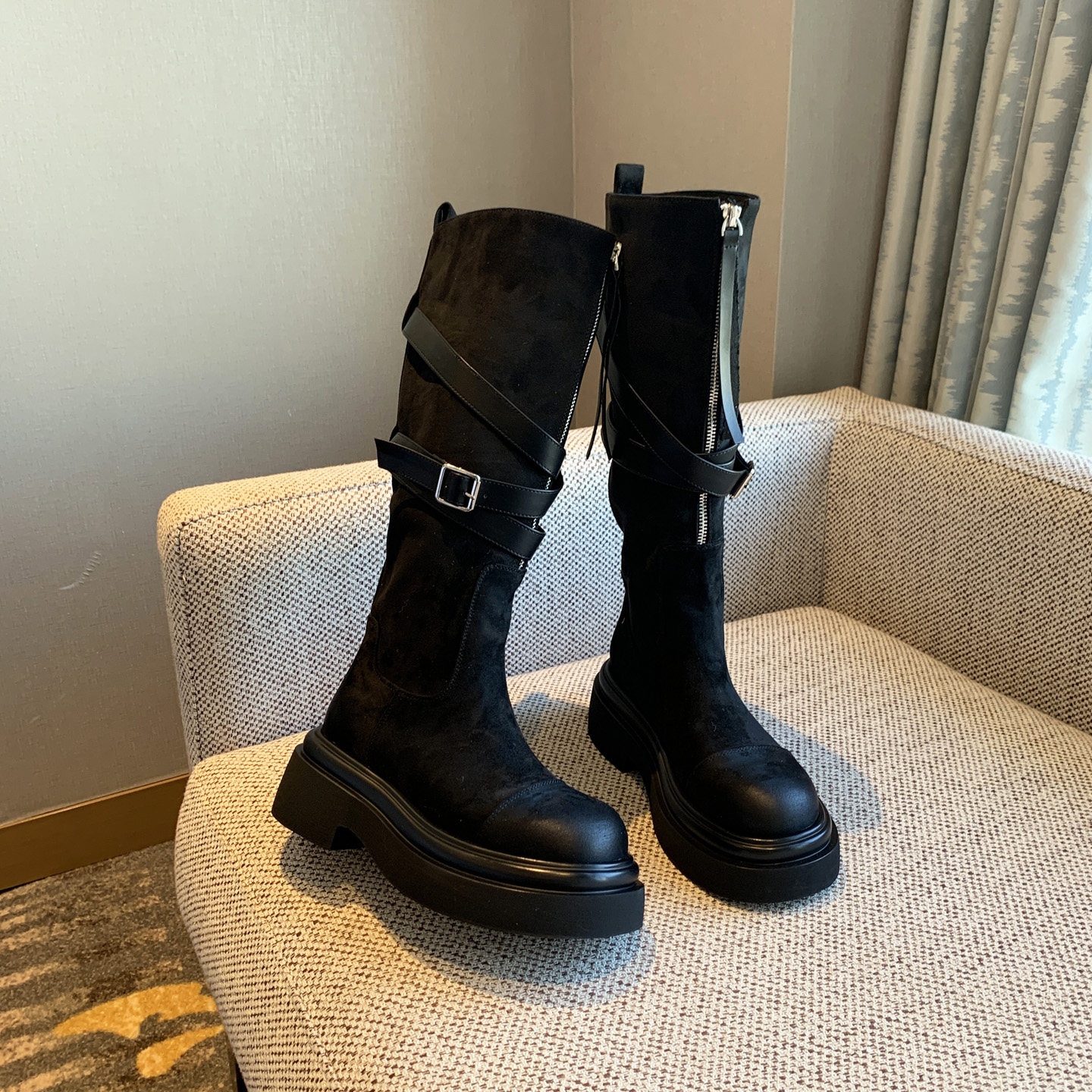 【TFM】欧美时尚皮带扣复古前拉链厚底高筒靴子女加绒长靴骑士靴,淘宝优惠券,粉丝福利购,淘宝优惠卷