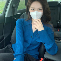 Big code Klein blue over blue collar knit sweater womens spring autumn 2023 new Korean version easy to design with a small crowdjacket