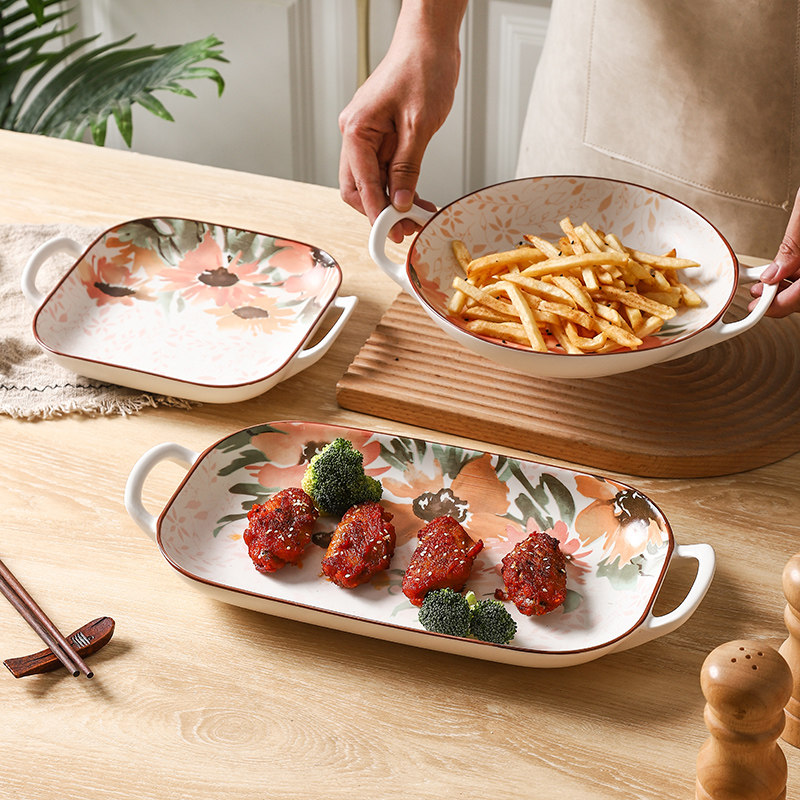 芊姿双耳鱼盘菜盘家用烤肉串炸薯条烤盘长方形蒸鱼盘子千顺陶瓷盘,淘宝优惠券,粉丝福利购,淘宝优惠卷
