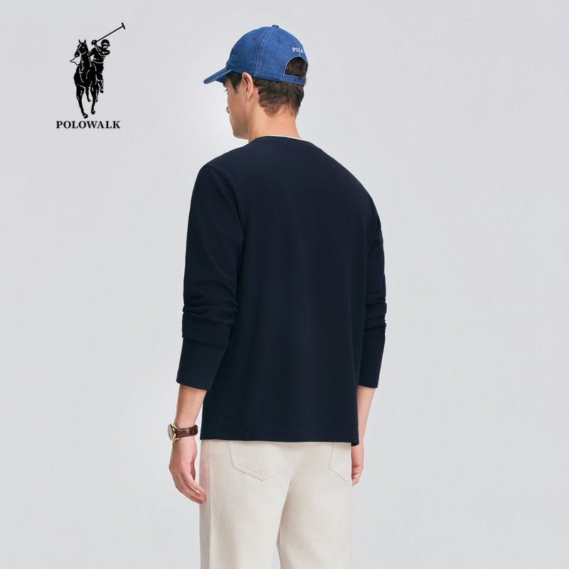 POLOWALK男式长袖T恤2026春季新品撞色双层亨利领长袖套头上衣,淘宝优惠券,粉丝福利购,淘宝优惠卷