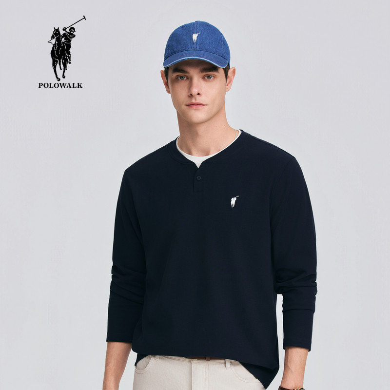 POLOWALK男式长袖T恤2026春季新品撞色双层亨利领长袖套头上衣,淘宝优惠券,粉丝福利购,淘宝优惠卷