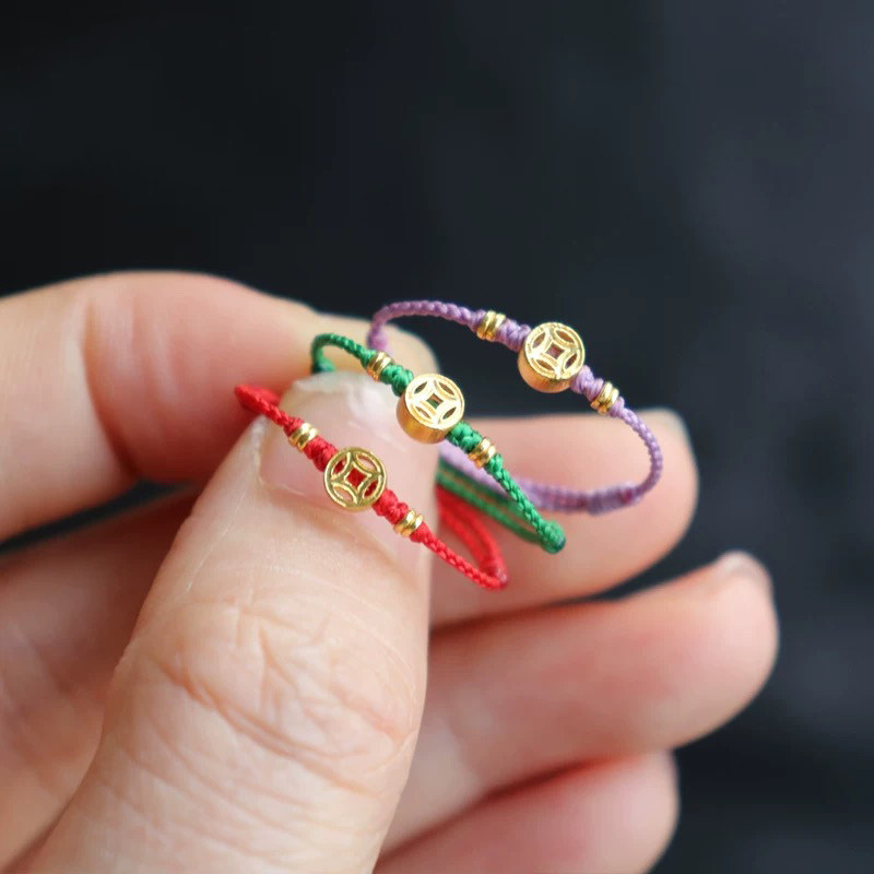 999 Pure Gold Copper Coin Ring Women's Fine Model Zodiac Year Red Rope Ring Women's Extremely Fine Braided Rope Ring