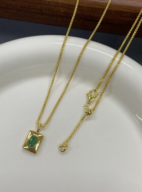 S925银镀金圆盒子项链百搭可调节配翡翠素链装饰裸链锁骨链