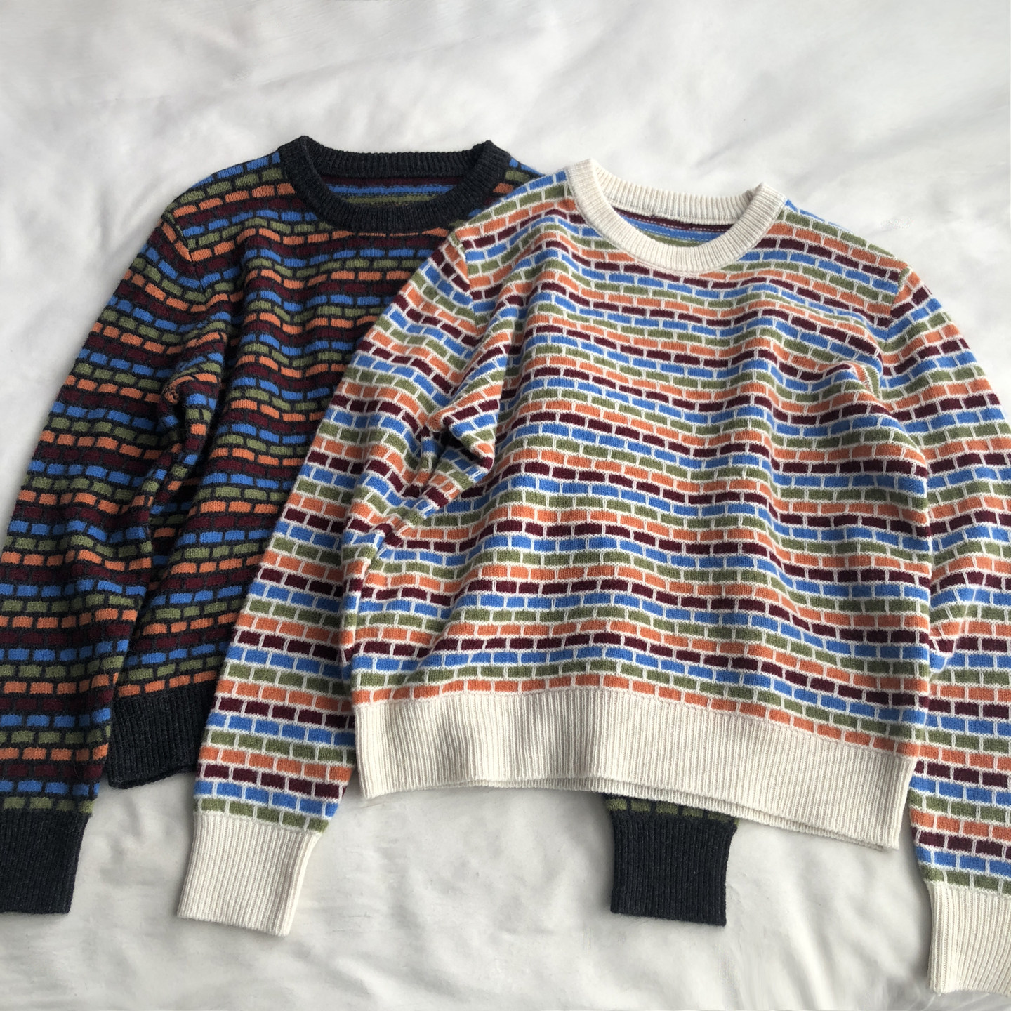 一佰の绵羊毛撞色方块设计感提花圆领套头女毛衣秋冬针织衫上衣,淘宝优惠券,粉丝福利购,淘宝优惠卷