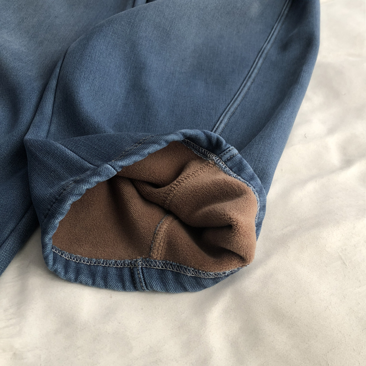 莱赛尔 水洗BF牛仔蓝加绒加厚弯刀阔腿裤复古立体拼接直筒休闲裤,淘宝优惠券,粉丝福利购,淘宝优惠卷