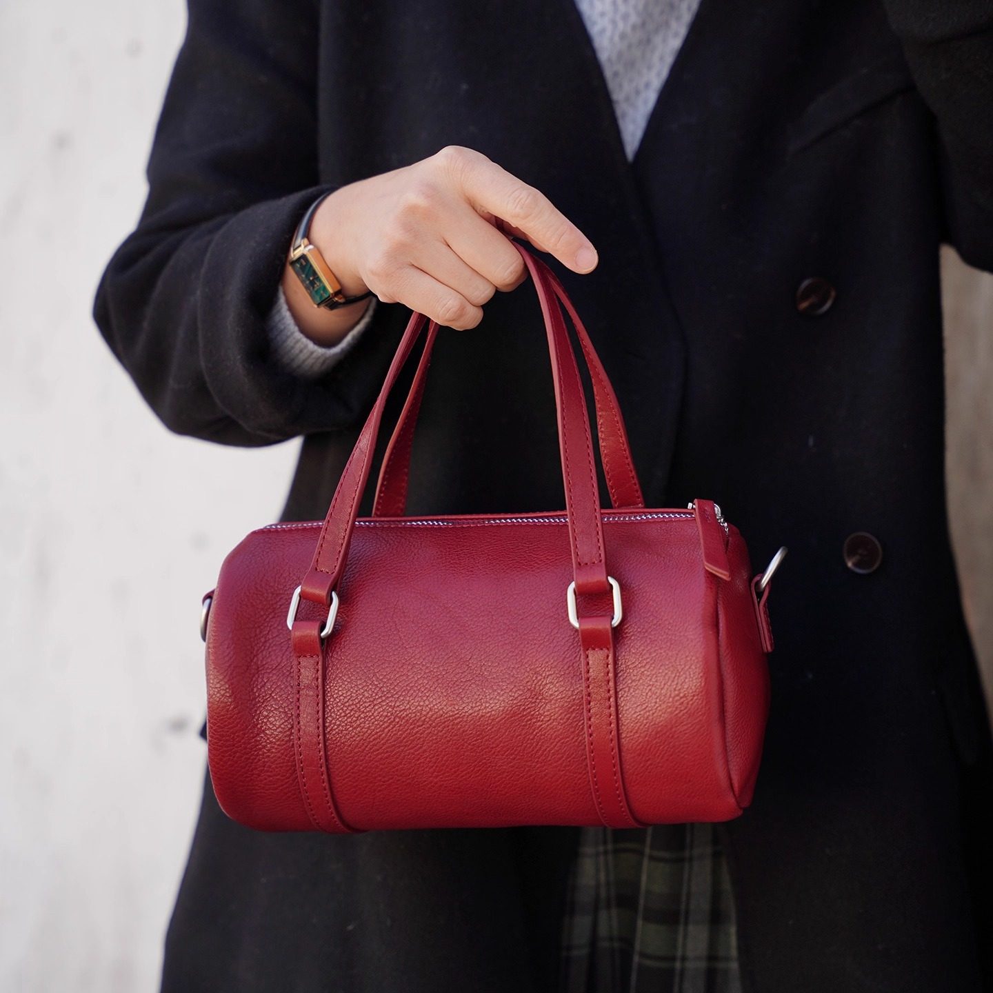 禾二HIR头层植鞣牛皮油蜡真皮新年红波士顿手提单肩斜挎水桶小包,淘宝优惠券,粉丝福利购,淘宝优惠卷