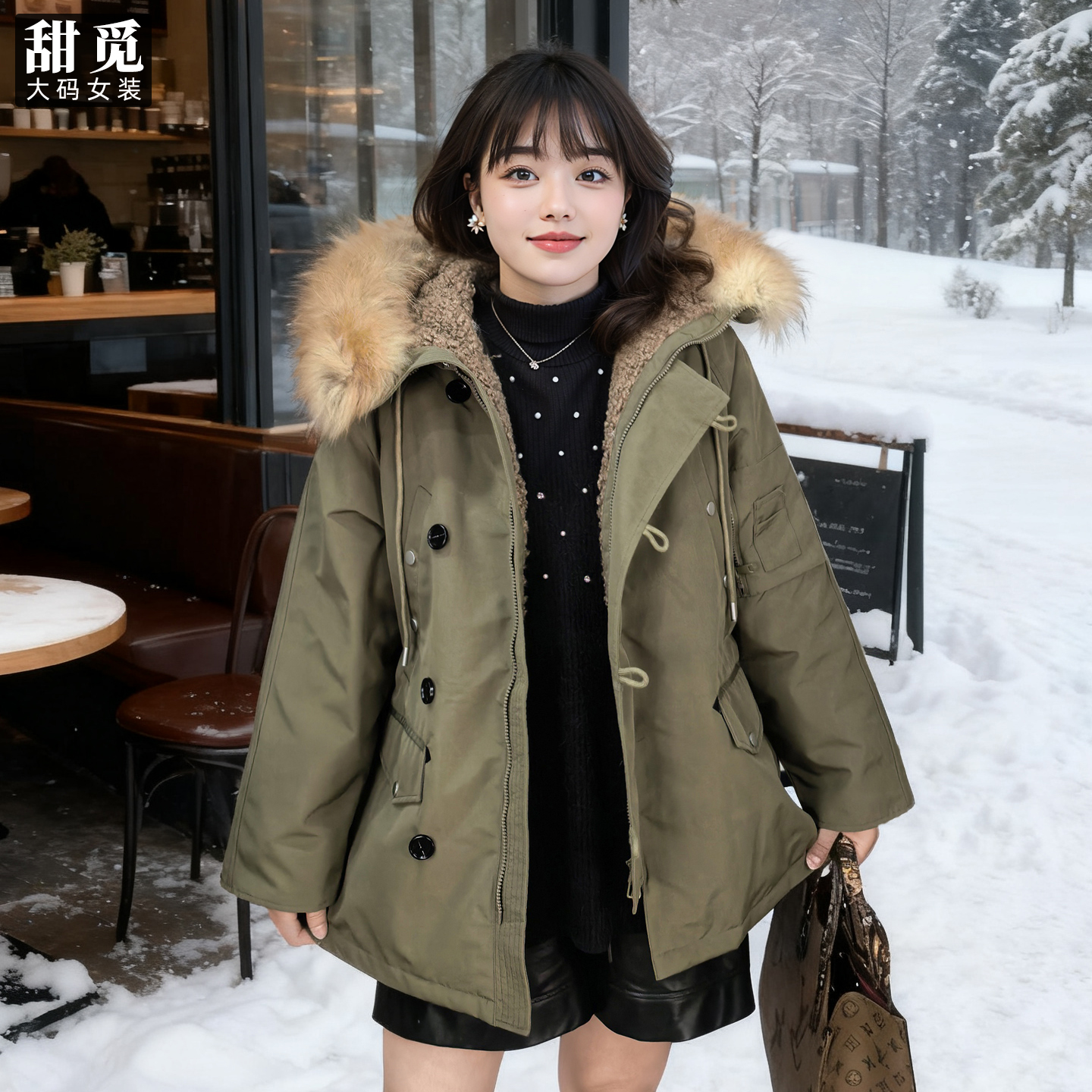 甜觅特大码女装冬装胖mm270斤貉子毛领中长款90白鸭绒保暖羽绒服 - 图0