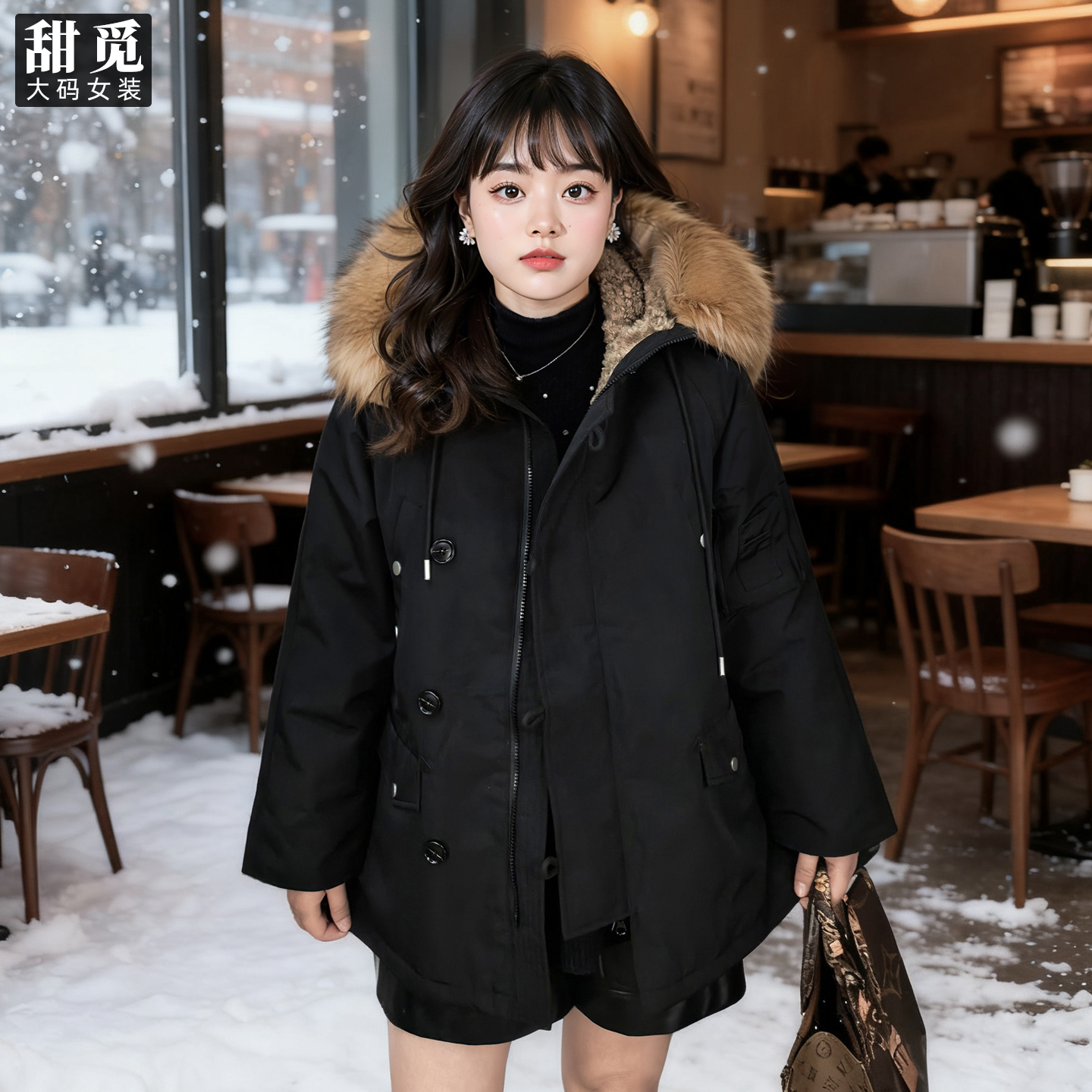 甜觅特大码女装冬装胖mm270斤貉子毛领中长款90白鸭绒保暖羽绒服 - 图1