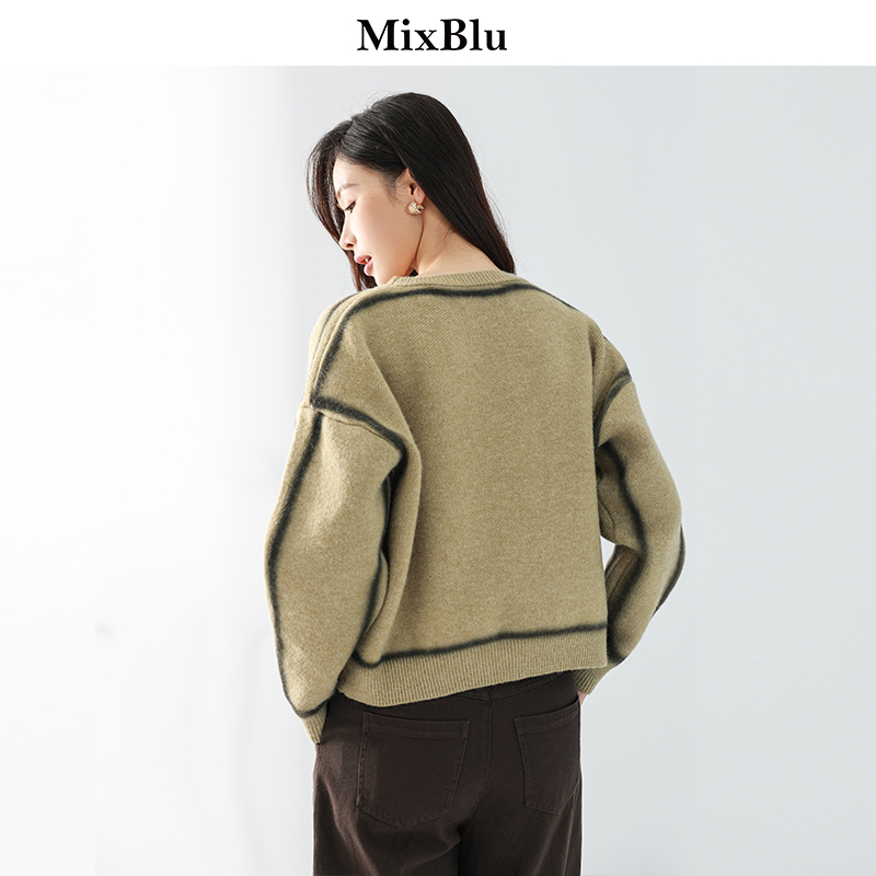 Mixblu绿咖擦色字母印花针织衫落肩宽松短款上衣女冬季2023新款