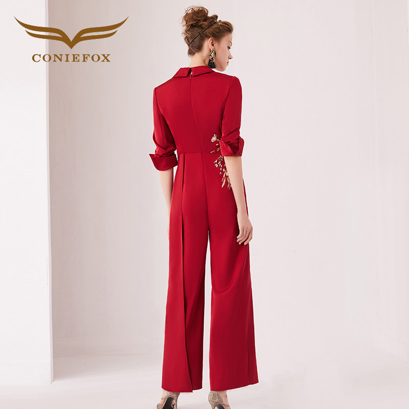 创意狐红色连体裤女婚宴高级职业装女裤子高腰阔腿裤长裤正装裤子,淘宝优惠券,粉丝福利购,淘宝优惠卷