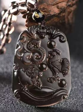 天然冰种黑曜石三合贵人吊坠生肖鼠龙猴蛇鸡牛猪兔羊虎马狗项链