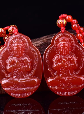 天然属猴红玛瑙大日如来吊坠项链