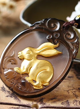 镀金黑曜石玉兔项链饰品吊坠