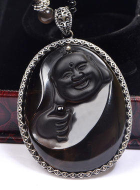 宝悟开天然冰发丝冰种黑曜石大日如来佛吊坠黑曜石笑佛吊坠