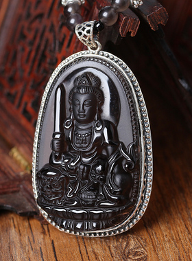 冰种黑曜石佛像生肖兔普萨吊坠