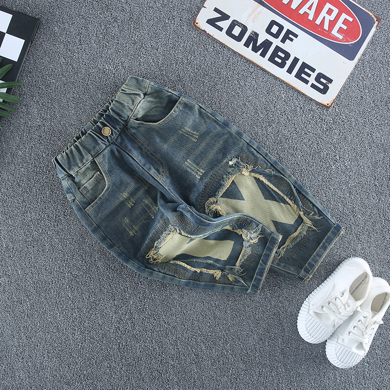 儿童秋季裤子男童磨破牛仔裤春秋款宝宝长裤小童秋装男孩休闲裤潮 - 图0