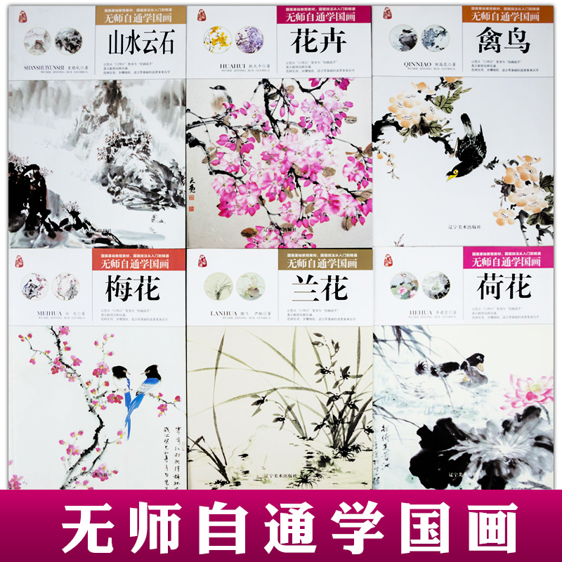 无师自通学国画系列(全套6册)山水云石花卉梅花兰花荷花禽鸟国画技法从入门到精通入门教材教程学国画水墨画山水画基础写意画书籍 - 图1