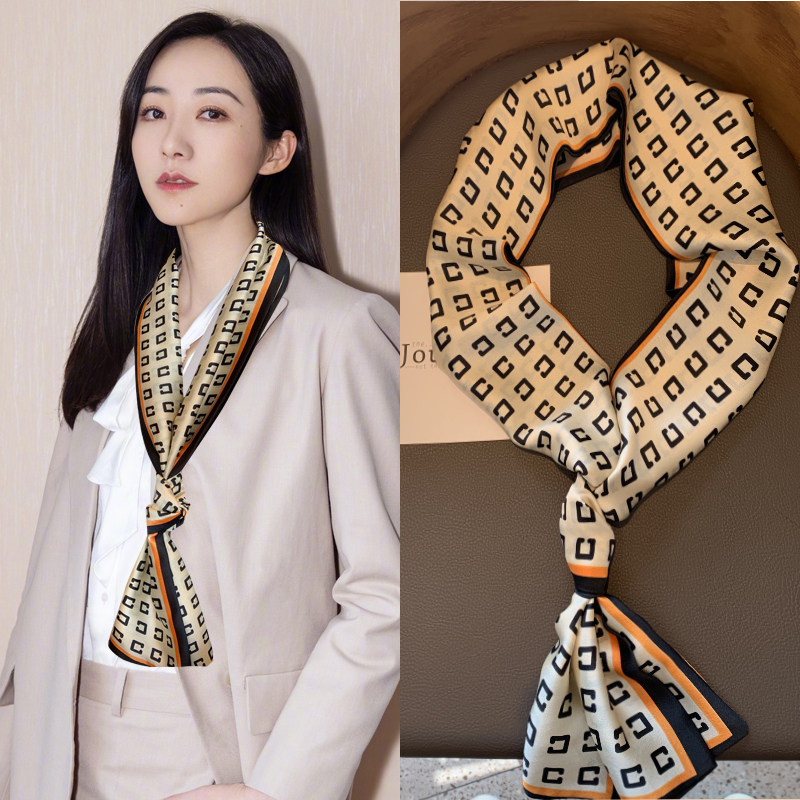 春秋季复古丝巾小长条发带高级感仿真丝印花双层小领巾女搭职业装_虎窝淘