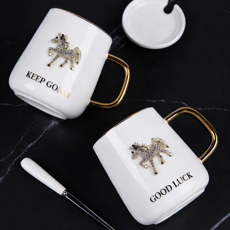马年镶钻高颜值陶瓷水杯家用大容量马克杯带盖勺咖啡杯子新年礼物,淘宝优惠券,粉丝福利购,淘宝优惠卷