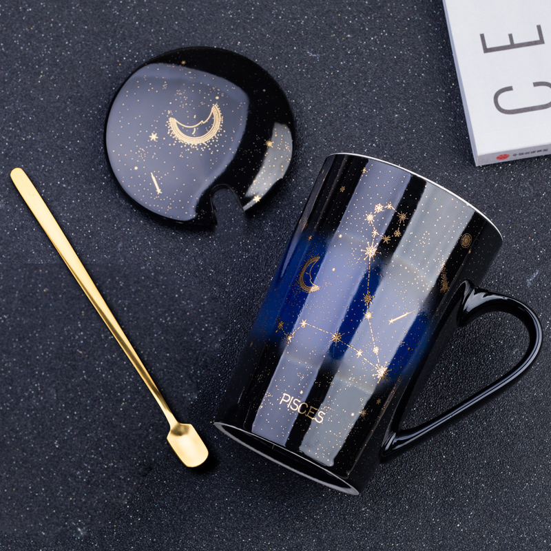 创意高级感星座家用水杯带盖勺燕麦办公室情侣陶瓷马克杯咖啡杯子 - 图0