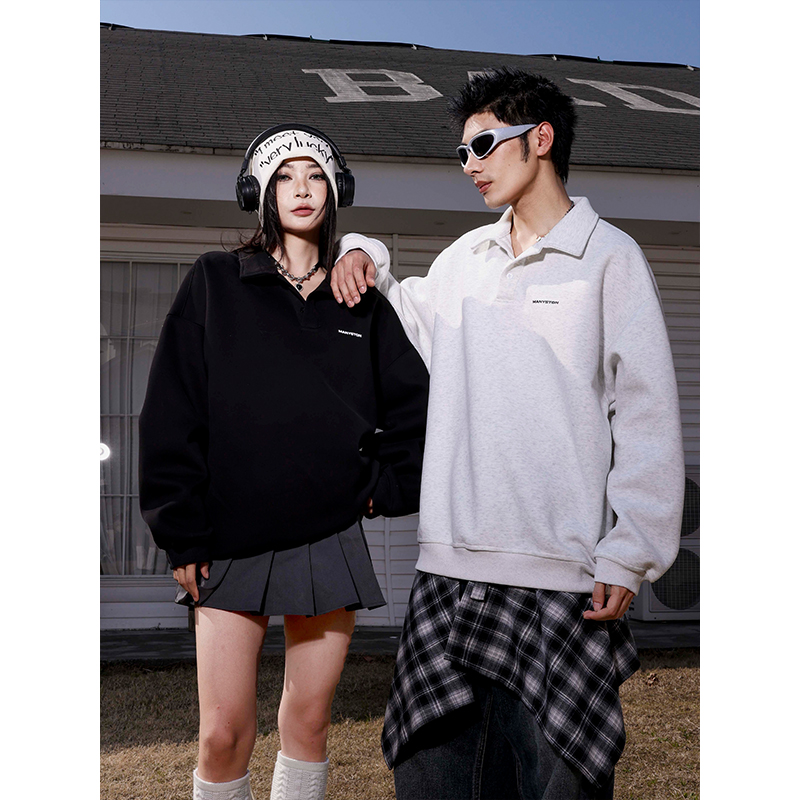 MANYSTON美式翻领POLO衫卫衣男生款夏季400g重磅国潮长袖上衣外套 - 图1