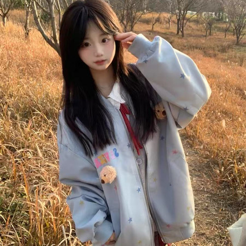 美式星星满印棒球服外套女2025春季新款学生小个子韩版bf宽松夹克 - 图2
