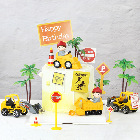 烘焙蛋糕装饰 黄色挖掘机推土机小孩玩偶摆件工程车主题生日蛋糕