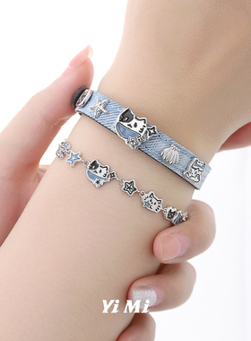 甜酷小众牛仔蓝色猫咪手链个性