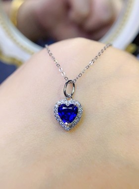 天然蓝宝石心形项链满钻时尚简约爱心高碳钻冰花925银镶嵌真品
